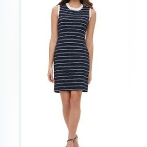 Tommy Hilfiger Navy Blue & White Sleeveless Dress Zip Back Bodycon Wms Small EUC